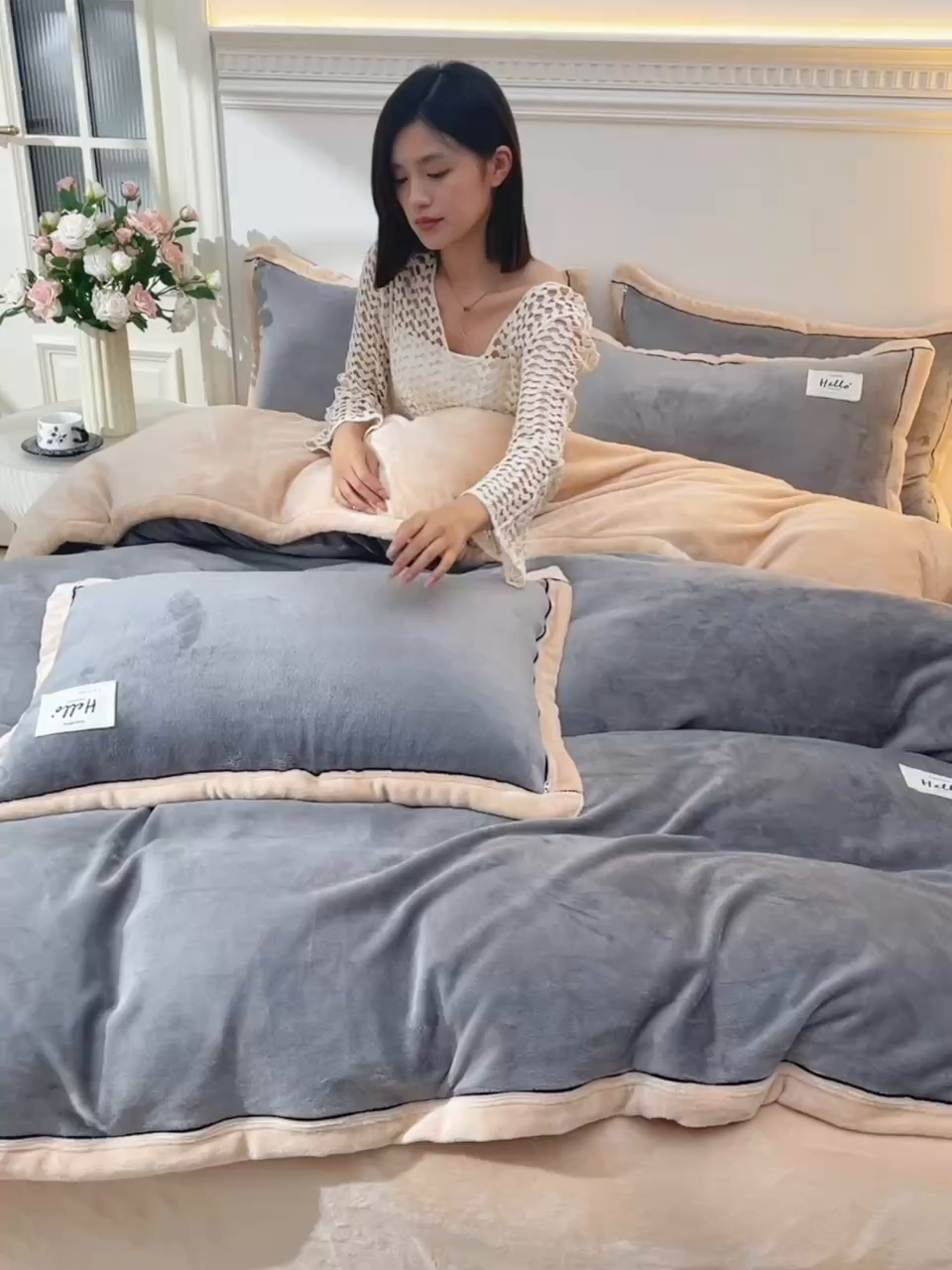 91家纺网 家纺一手货源 找家纺 云恋家纺 纯色双面绒牛奶绒床上用品四件套加厚绒法兰绒床笠被套罩床单双人 青春-灰拼金