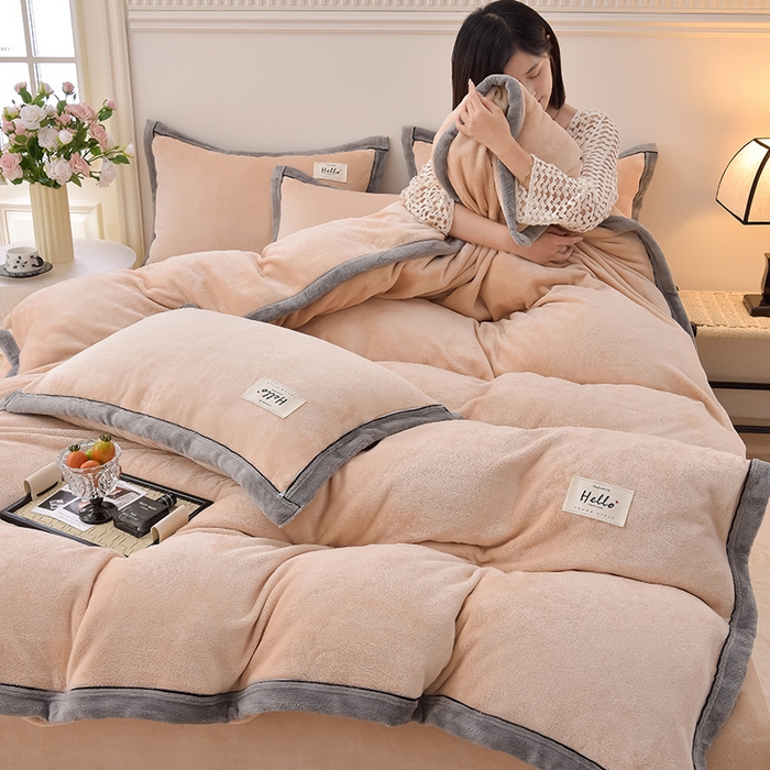 91家纺网 家纺一手货源 找家纺 云恋家纺 纯色双面绒牛奶绒床上用品四件套加厚绒法兰绒床笠被套罩床单双人 青春-金色