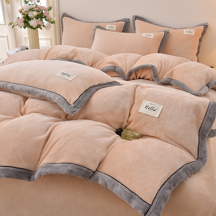 91家纺网 家纺一手货源 找家纺 云恋家纺 纯色双面绒牛奶绒床上用品四件套加厚绒法兰绒床笠被套罩床单双人 青春-金色