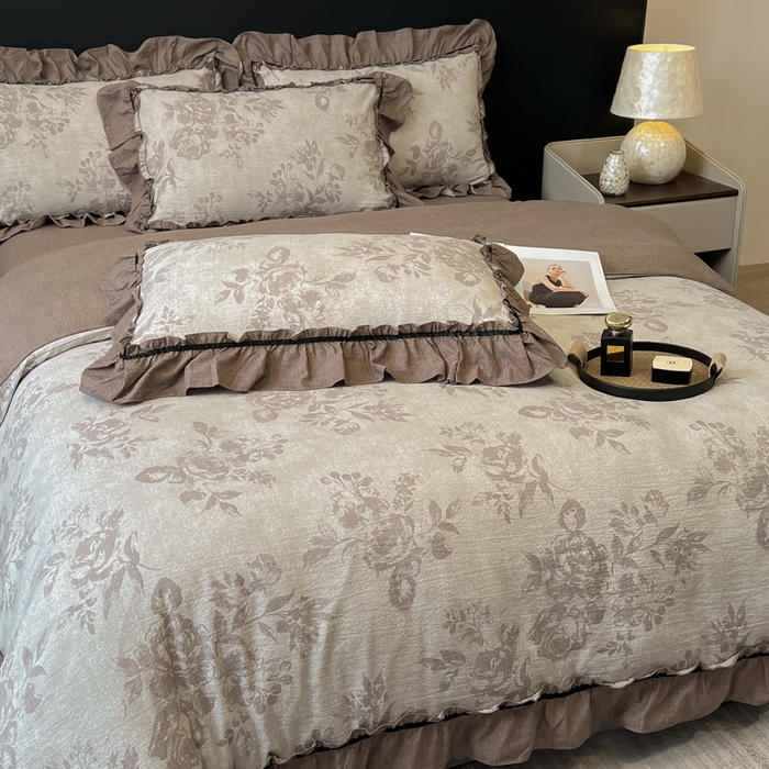 91家纺网 家纺一手货源 找家纺 玉海棠家纺 2025新款法式花边棉麻四件套 国色牡丹