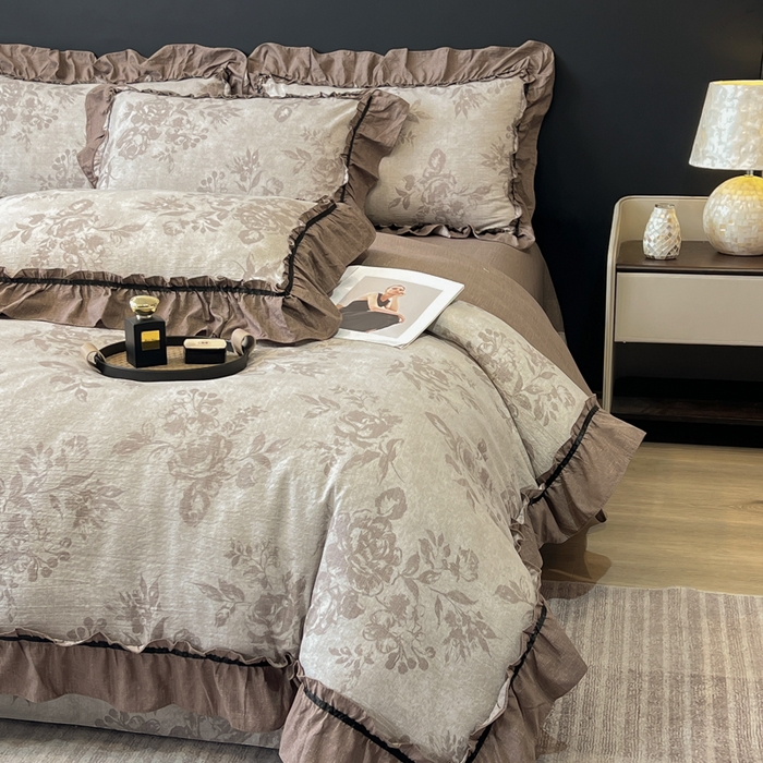 91家纺网 家纺一手货源 找家纺 玉海棠家纺 2025新款法式花边棉麻四件套 国色牡丹