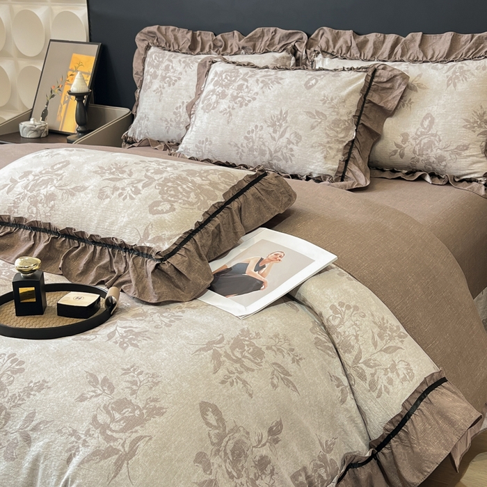 91家纺网 家纺一手货源 找家纺 玉海棠家纺 2025新款法式花边棉麻四件套 国色牡丹