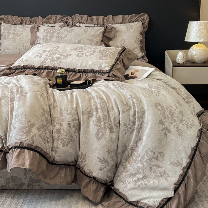 91家纺网 家纺一手货源 找家纺 玉海棠家纺 2025新款法式花边棉麻四件套 国色牡丹