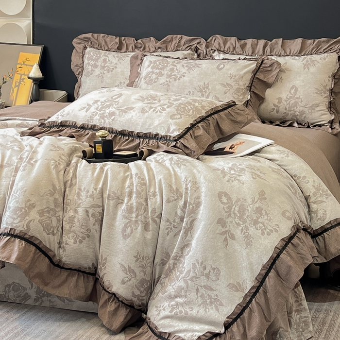 91家纺网 家纺一手货源 找家纺 玉海棠家纺 2025新款法式花边棉麻四件套 国色牡丹