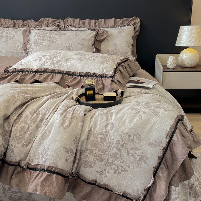 91家纺网 家纺一手货源 找家纺 玉海棠家纺 2025新款法式花边棉麻四件套 国色牡丹