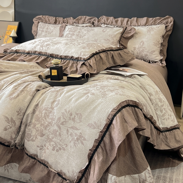 91家纺网 家纺一手货源 找家纺 玉海棠家纺 2025新款法式花边棉麻四件套 国色牡丹