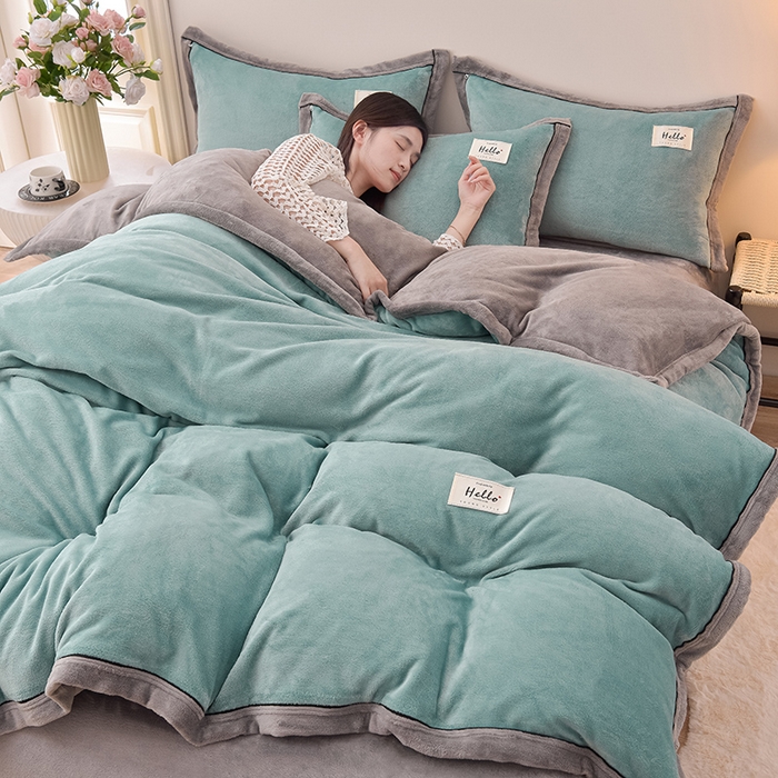 91家纺网 家纺一手货源 找家纺 云恋家纺 纯色双面绒牛奶绒床上用品四件套加厚绒法兰绒床笠被套罩床单双人 青春-蓝拼灰