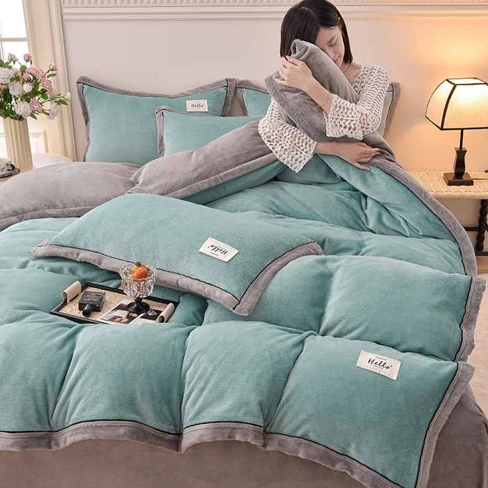 91家纺网 家纺一手货源 找家纺 云恋家纺 纯色双面绒牛奶绒床上用品四件套加厚绒法兰绒床笠被套罩床单双人 青春-蓝拼灰