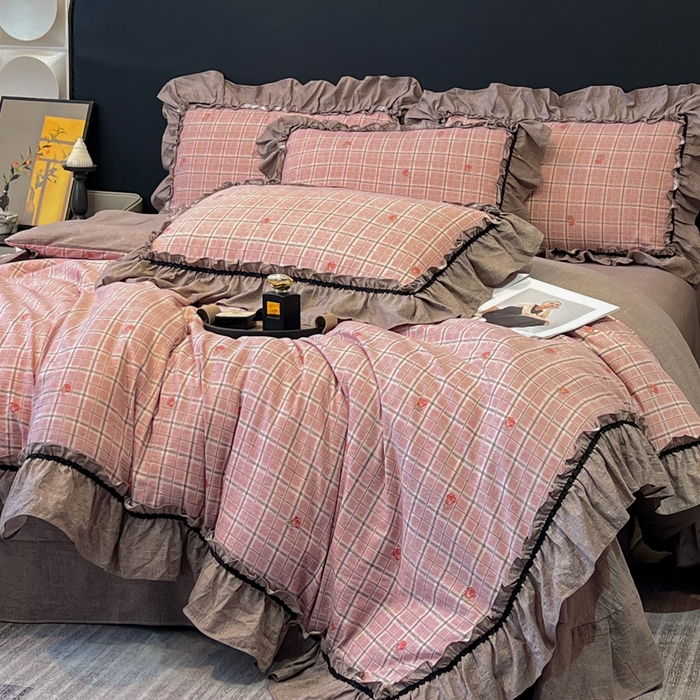 91家纺网 家纺一手货源 找家纺 玉海棠家纺 2025新款法式花边棉麻四件套 红格玫瑰