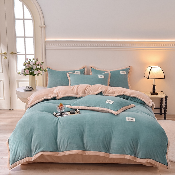91家纺网 家纺一手货源 找家纺 云恋家纺 纯色双面绒牛奶绒床上用品四件套加厚绒法兰绒床笠被套罩床单双人 青春-蓝拼金