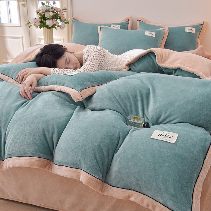 91家纺网 家纺一手货源 找家纺 云恋家纺 纯色双面绒牛奶绒床上用品四件套加厚绒法兰绒床笠被套罩床单双人 青春-蓝拼金