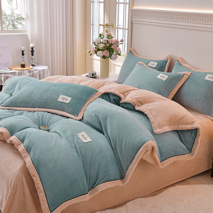 91家纺网 家纺一手货源 找家纺 云恋家纺 纯色双面绒牛奶绒床上用品四件套加厚绒法兰绒床笠被套罩床单双人 青春-蓝拼金