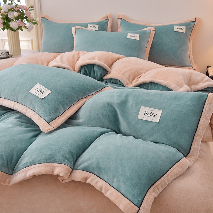 91家纺网 家纺一手货源 找家纺 云恋家纺 纯色双面绒牛奶绒床上用品四件套加厚绒法兰绒床笠被套罩床单双人 青春-蓝拼金