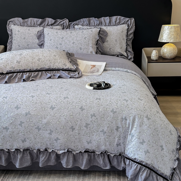 91家纺网 家纺一手货源 找家纺 玉海棠家纺 2025新款法式花边棉麻四件套 蝴蝶飞飞