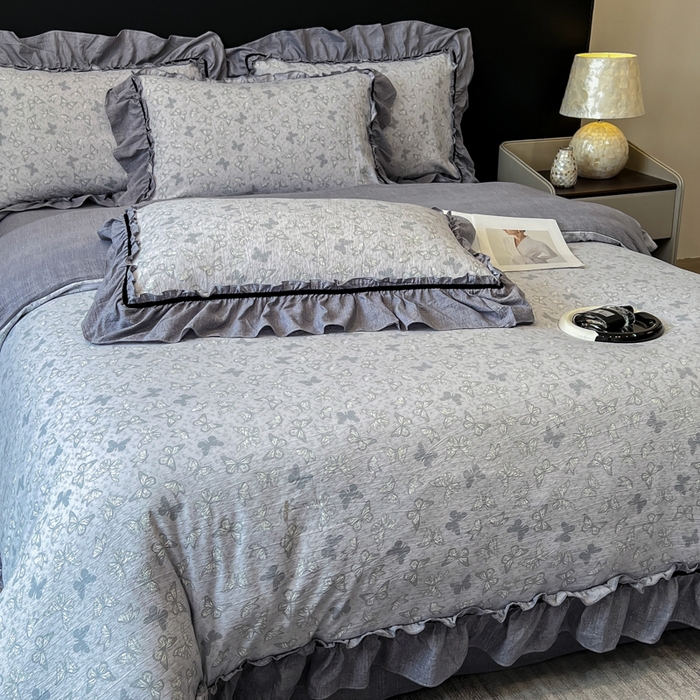 91家纺网 家纺一手货源 找家纺 玉海棠家纺 2025新款法式花边棉麻四件套 蝴蝶飞飞