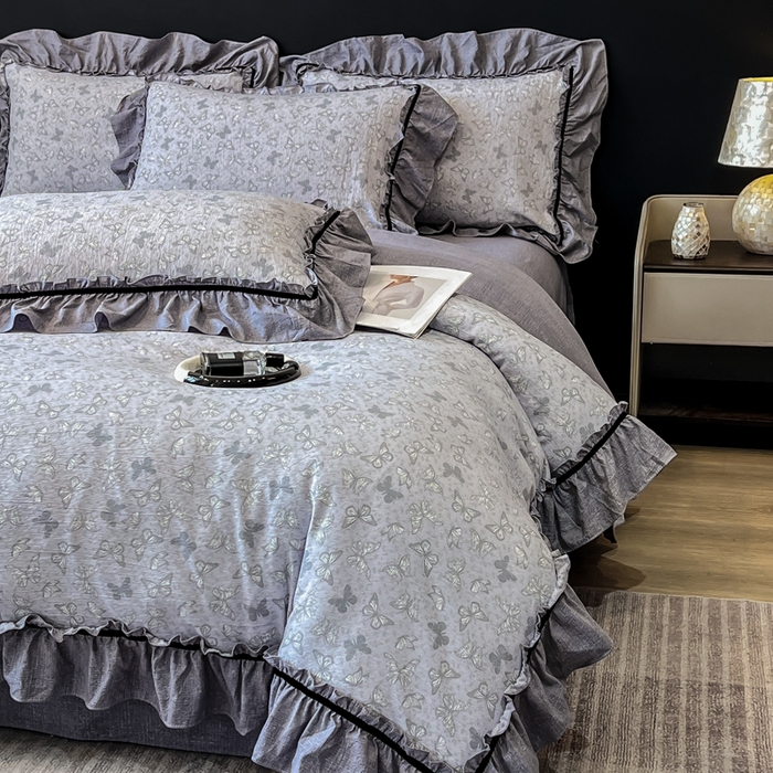 91家纺网 家纺一手货源 找家纺 玉海棠家纺 2025新款法式花边棉麻四件套 蝴蝶飞飞