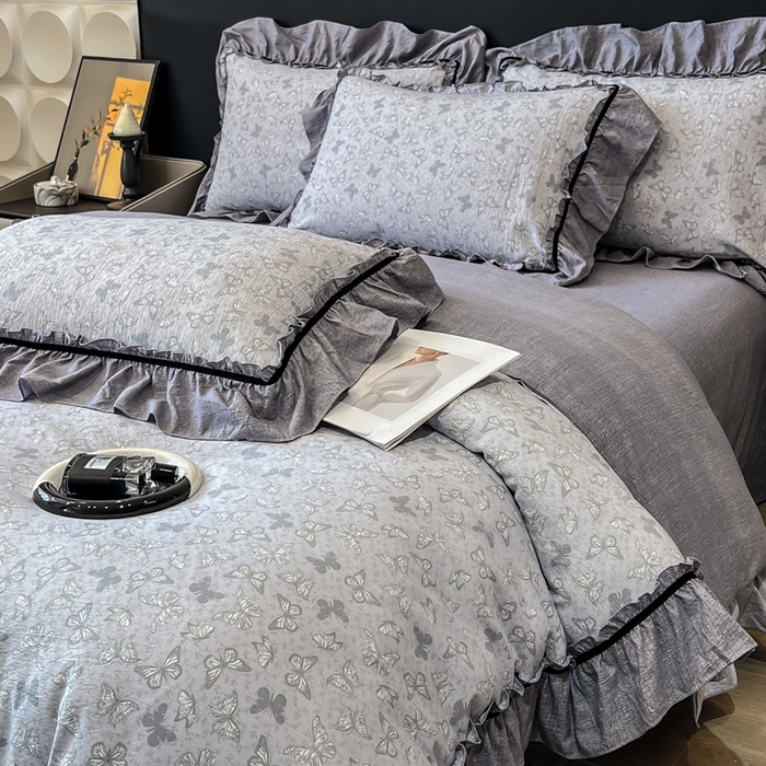 91家纺网 家纺一手货源 找家纺 玉海棠家纺 2025新款法式花边棉麻四件套 蝴蝶飞飞