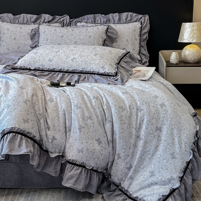 91家纺网 家纺一手货源 找家纺 玉海棠家纺 2025新款法式花边棉麻四件套 蝴蝶飞飞