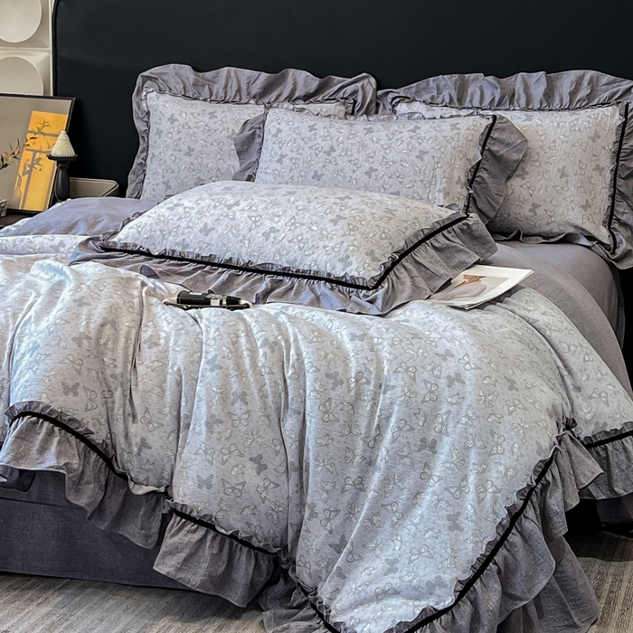 91家纺网 家纺一手货源 找家纺 玉海棠家纺 2025新款法式花边棉麻四件套 蝴蝶飞飞