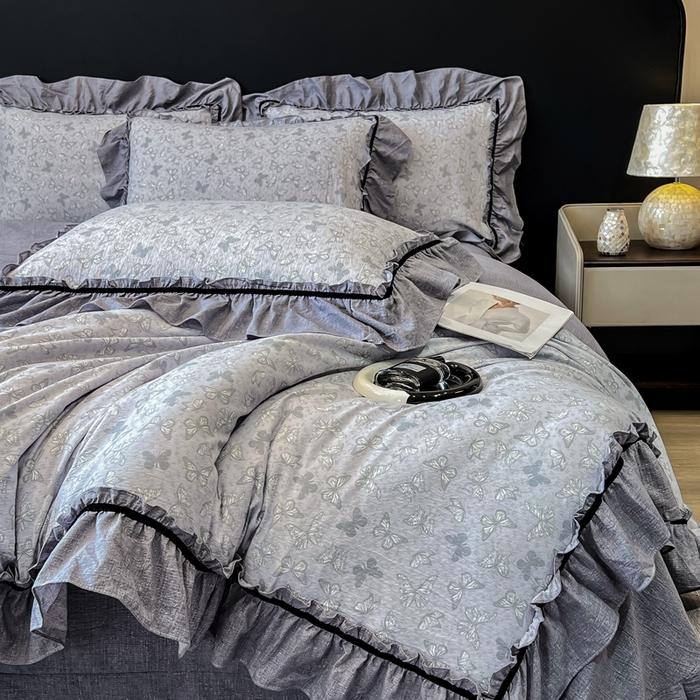 91家纺网 家纺一手货源 找家纺 玉海棠家纺 2025新款法式花边棉麻四件套 蝴蝶飞飞