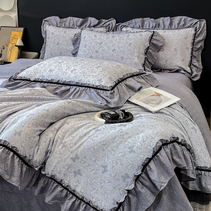 91家纺网 家纺一手货源 找家纺 玉海棠家纺 2025新款法式花边棉麻四件套 蝴蝶飞飞