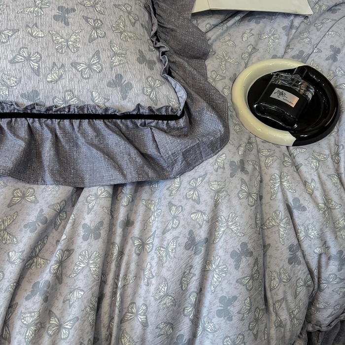 91家纺网 家纺一手货源 找家纺 玉海棠家纺 2025新款法式花边棉麻四件套 蝴蝶飞飞