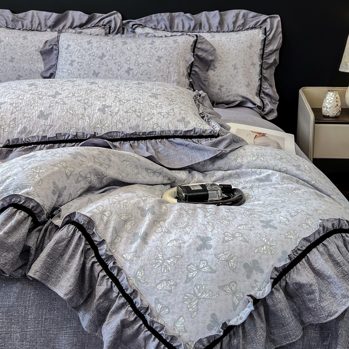 91家纺网 家纺一手货源 找家纺 玉海棠家纺 2025新款法式花边棉麻四件套 蝴蝶飞飞