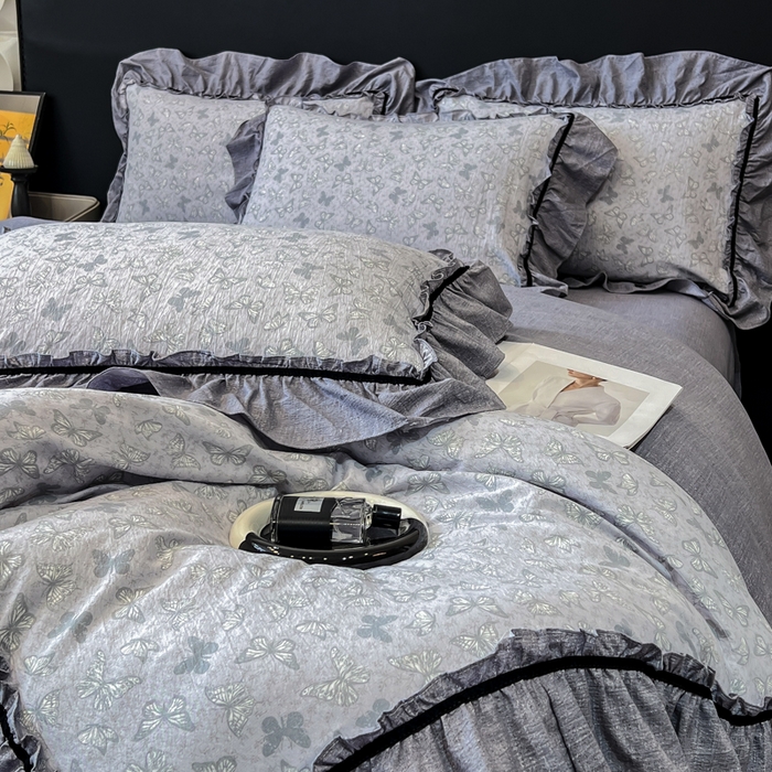 91家纺网 家纺一手货源 找家纺 玉海棠家纺 2025新款法式花边棉麻四件套 蝴蝶飞飞