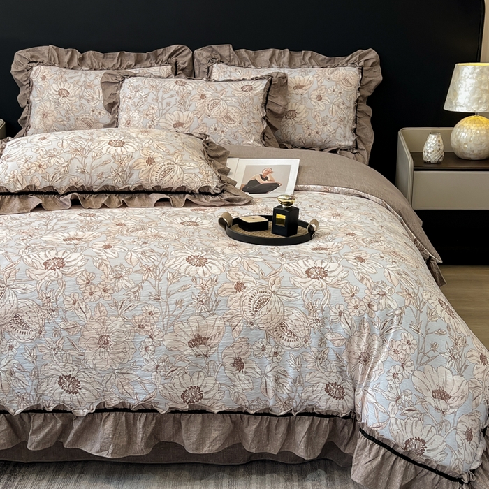 91家纺网 家纺一手货源 找家纺 玉海棠家纺 2025新款法式花边棉麻四件套 花开满园