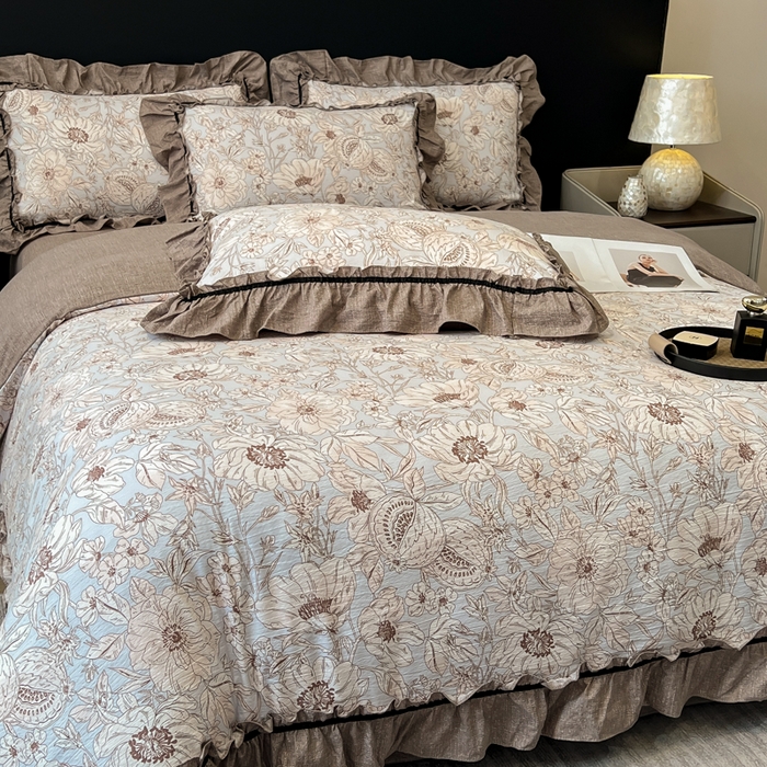 91家纺网 家纺一手货源 找家纺 玉海棠家纺 2025新款法式花边棉麻四件套 花开满园