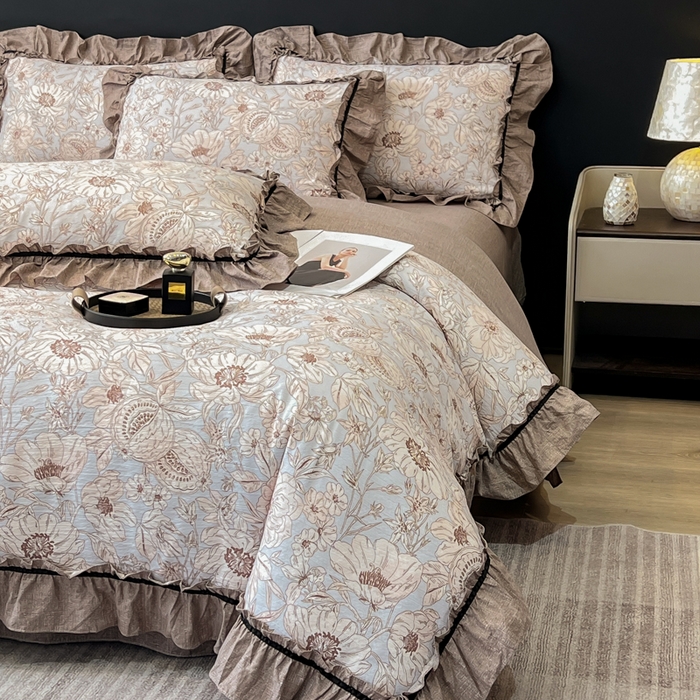 91家纺网 家纺一手货源 找家纺 玉海棠家纺 2025新款法式花边棉麻四件套 花开满园