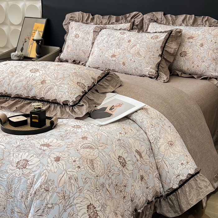 91家纺网 家纺一手货源 找家纺 玉海棠家纺 2025新款法式花边棉麻四件套 花开满园