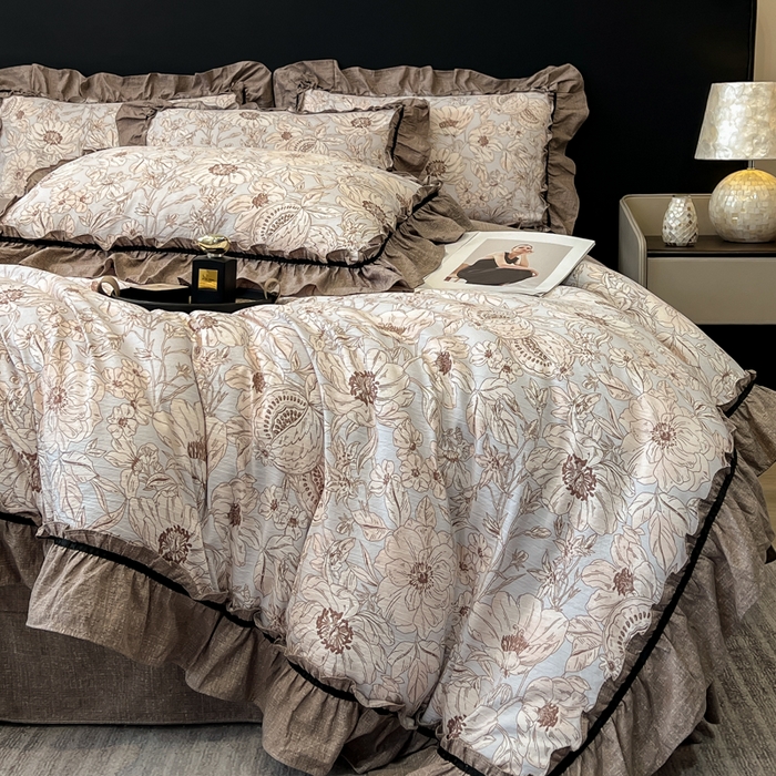 91家纺网 家纺一手货源 找家纺 玉海棠家纺 2025新款法式花边棉麻四件套 花开满园