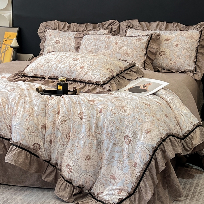 91家纺网 家纺一手货源 找家纺 玉海棠家纺 2025新款法式花边棉麻四件套 花开满园