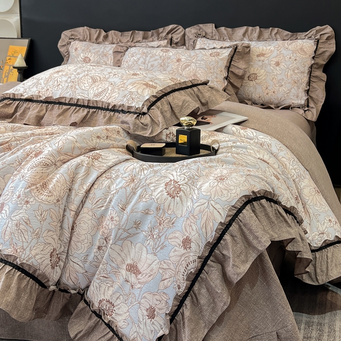 91家纺网 家纺一手货源 找家纺 玉海棠家纺 2025新款法式花边棉麻四件套 花开满园