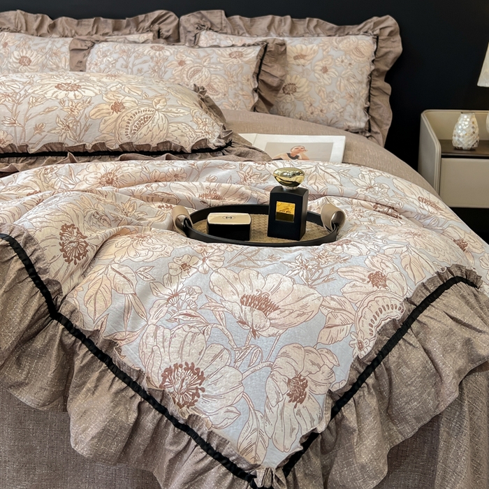 91家纺网 家纺一手货源 找家纺 玉海棠家纺 2025新款法式花边棉麻四件套 花开满园