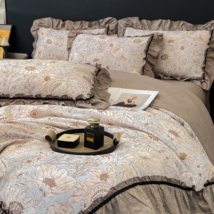 91家纺网 家纺一手货源 找家纺 玉海棠家纺 2025新款法式花边棉麻四件套 花开满园