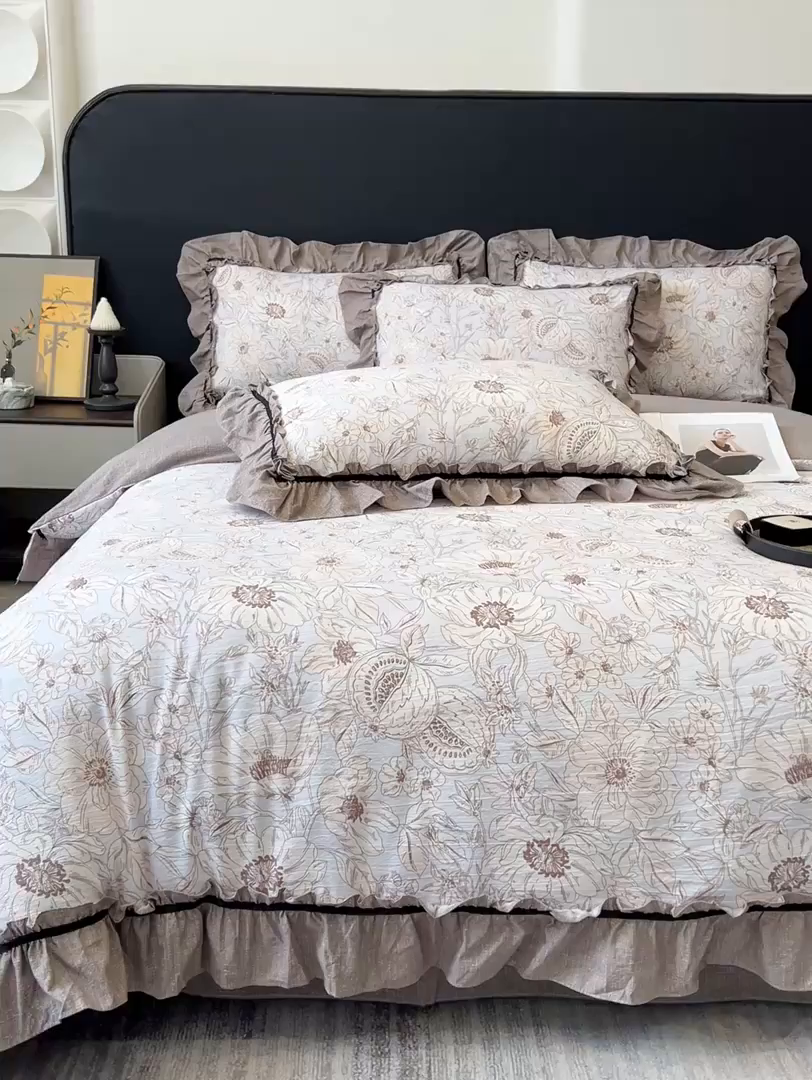 91家纺网 家纺一手货源 找家纺 玉海棠家纺 2025新款法式花边棉麻四件套 花开满园