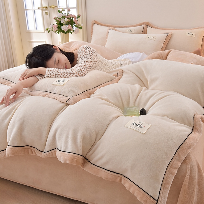 91家纺网 家纺一手货源 找家纺 云恋家纺 纯色双面绒牛奶绒床上用品四件套加厚绒法兰绒床笠被套罩床单双人 青春-米拼金