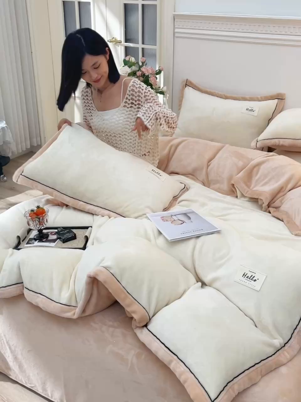 91家纺网 家纺一手货源 找家纺 云恋家纺 纯色双面绒牛奶绒床上用品四件套加厚绒法兰绒床笠被套罩床单双人 青春-米拼金