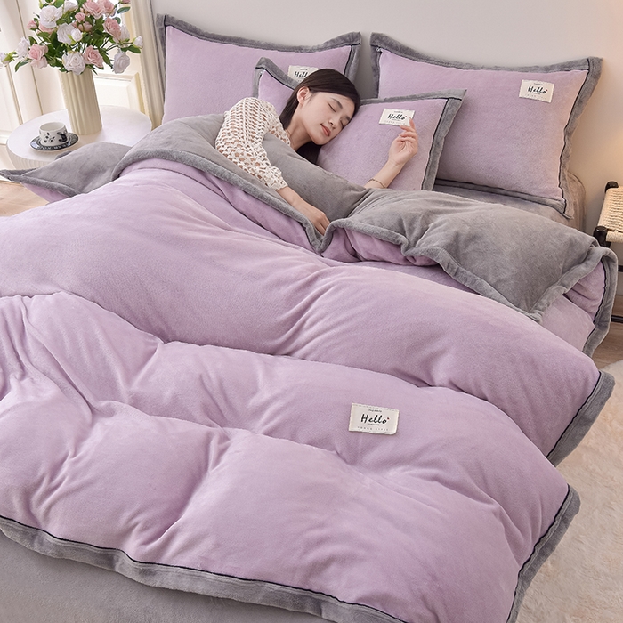 91家纺网 家纺一手货源 找家纺 云恋家纺 纯色双面绒牛奶绒床上用品四件套加厚绒法兰绒床笠被套罩床单双人 青春-紫拼灰