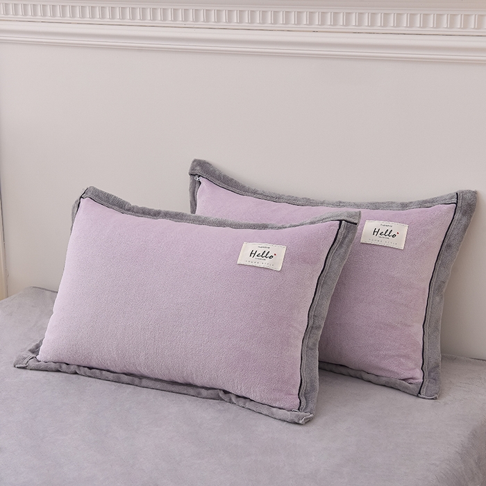 91家纺网 家纺一手货源 找家纺 云恋家纺 纯色双面绒牛奶绒床上用品四件套加厚绒法兰绒床笠被套罩床单双人 青春-紫拼灰