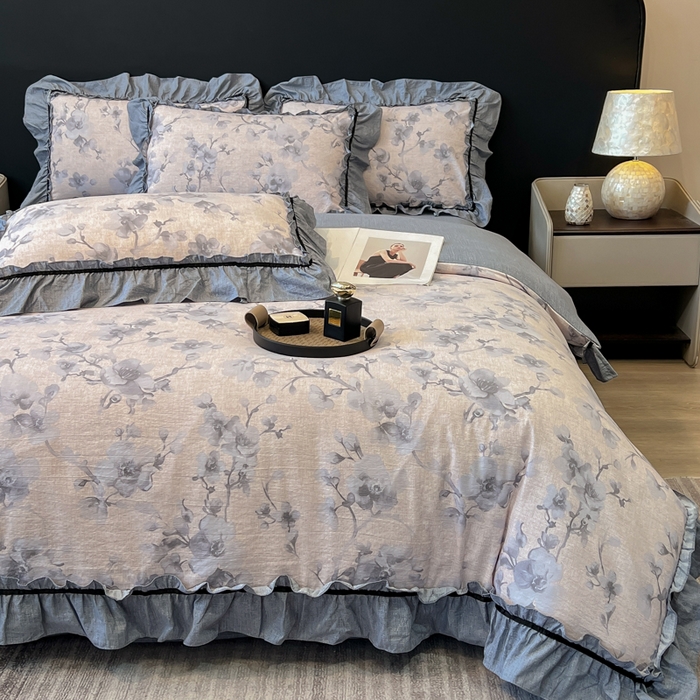 91家纺网 家纺一手货源 找家纺 玉海棠家纺 2025新款法式花边棉麻四件套 花叶