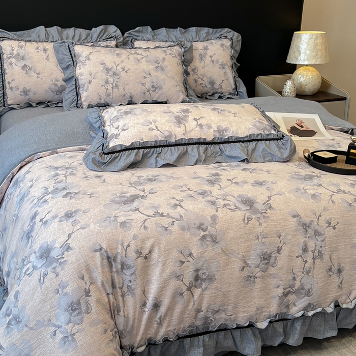 91家纺网 家纺一手货源 找家纺 玉海棠家纺 2025新款法式花边棉麻四件套 花叶