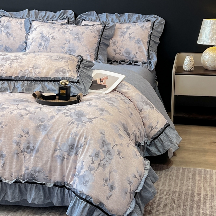 91家纺网 家纺一手货源 找家纺 玉海棠家纺 2025新款法式花边棉麻四件套 花叶