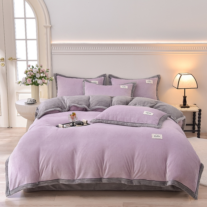 91家纺网 家纺一手货源 找家纺 云恋家纺 纯色双面绒牛奶绒床上用品四件套加厚绒法兰绒床笠被套罩床单双人 青春-紫拼灰