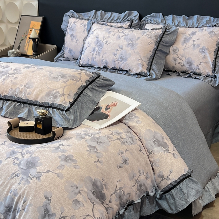 91家纺网 家纺一手货源 找家纺 玉海棠家纺 2025新款法式花边棉麻四件套 花叶