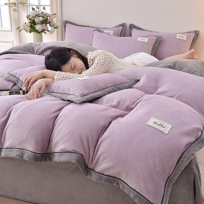 91家纺网 家纺一手货源 找家纺 云恋家纺 纯色双面绒牛奶绒床上用品四件套加厚绒法兰绒床笠被套罩床单双人 青春-紫拼灰