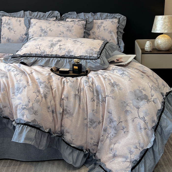 91家纺网 家纺一手货源 找家纺 玉海棠家纺 2025新款法式花边棉麻四件套 花叶