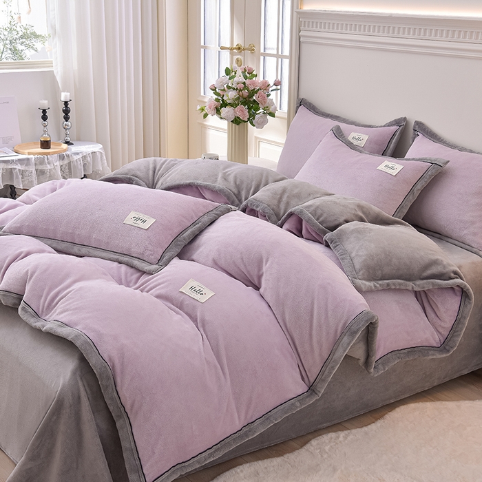 91家纺网 家纺一手货源 找家纺 云恋家纺 纯色双面绒牛奶绒床上用品四件套加厚绒法兰绒床笠被套罩床单双人 青春-紫拼灰